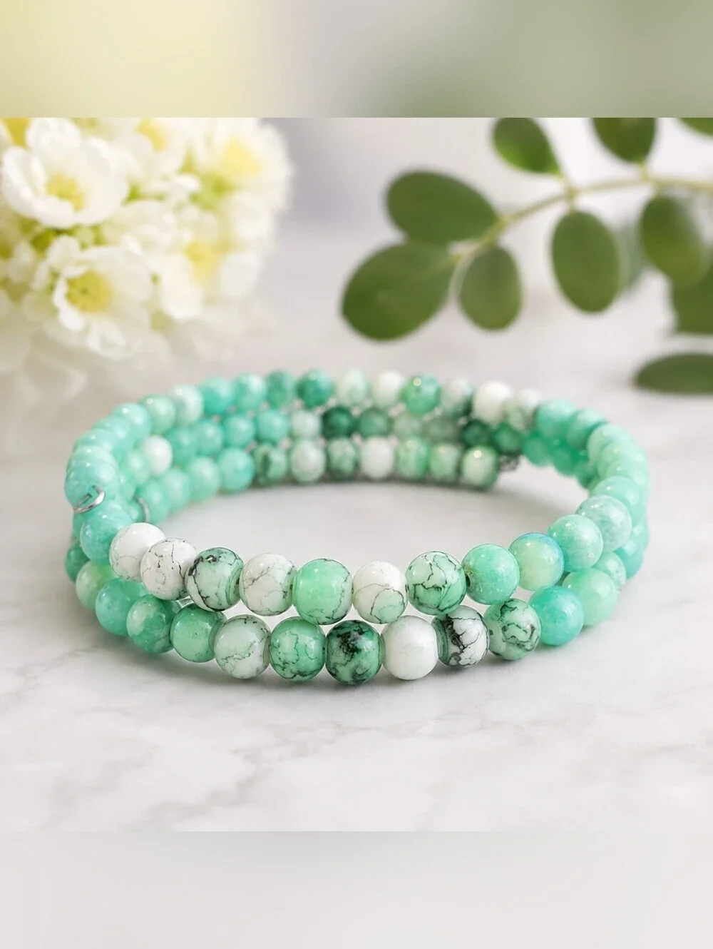 Seafoam Green Dragon Veins Beaded Wrap Bracelet – Handmade Coastal Jewelry